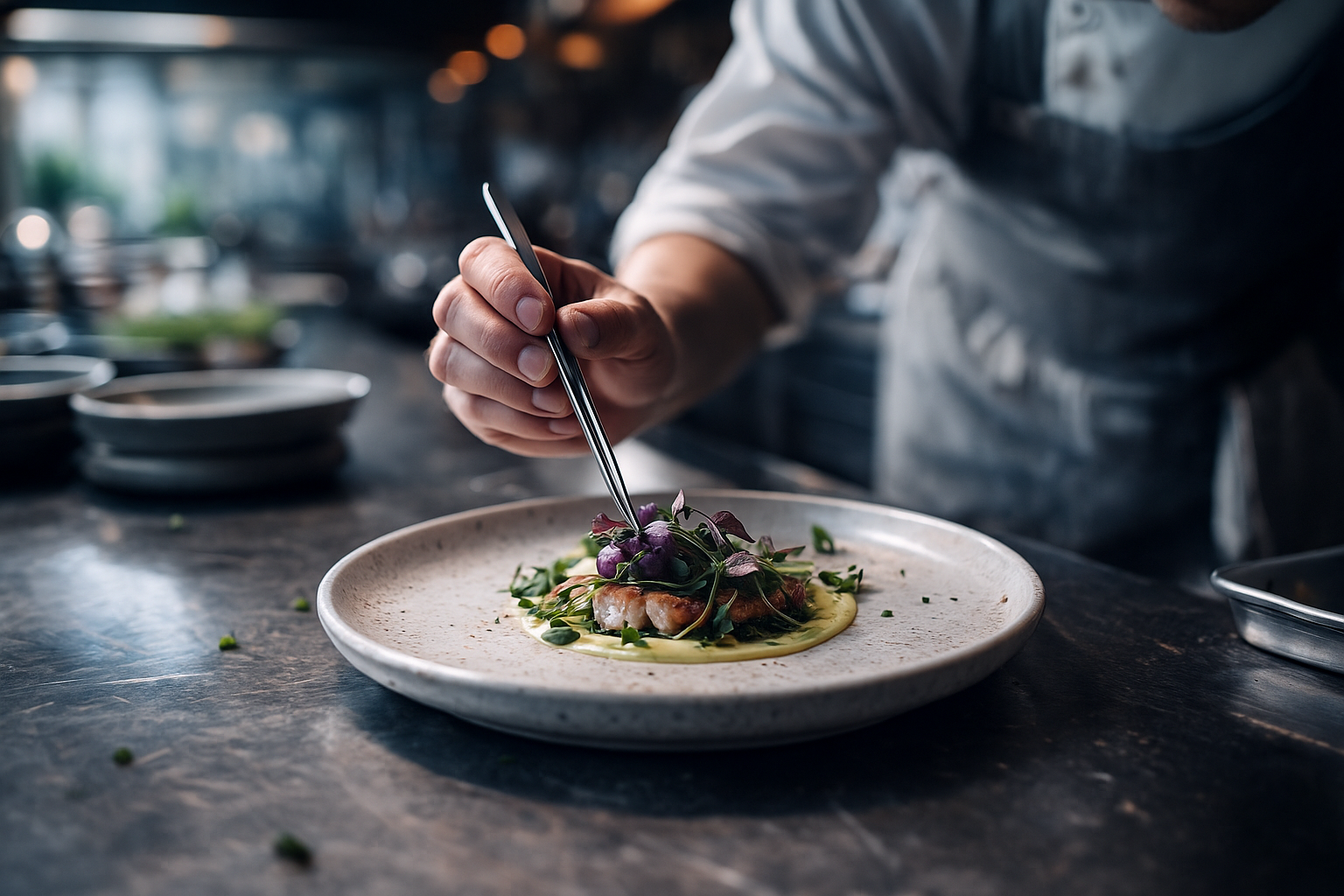 Chef plating a dish with microgreens and edible flowers in a Montreal restaurant kitchen