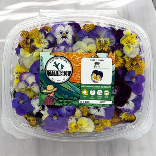 Viola pansy edible flowers packed in a Casa Verde clamshell
